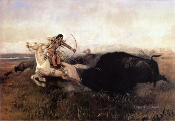 チャールズ・マリオン・ラッセル Painting - バッファローを狩るインディアン インディアン西部アメリカ人 チャールズ マリオン ラッセル